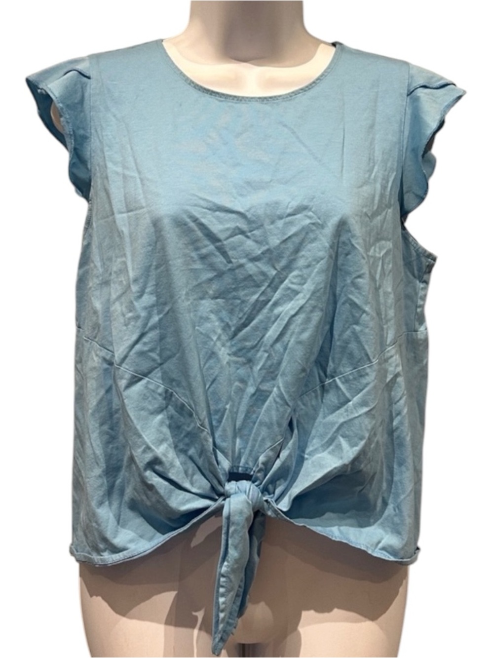 Ann Taylor Light Blue Short Sleeve Blouse with Tie-Front Medium